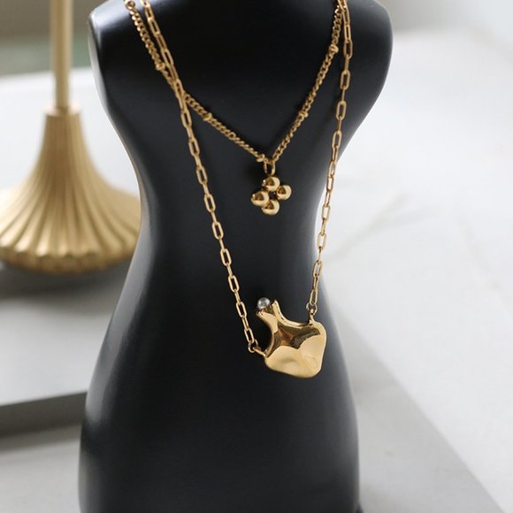 NEW 18K Gold Plated Bead Clover Pearl Flower Vase Double Layer Chain Necklace - Picture 12 of 12